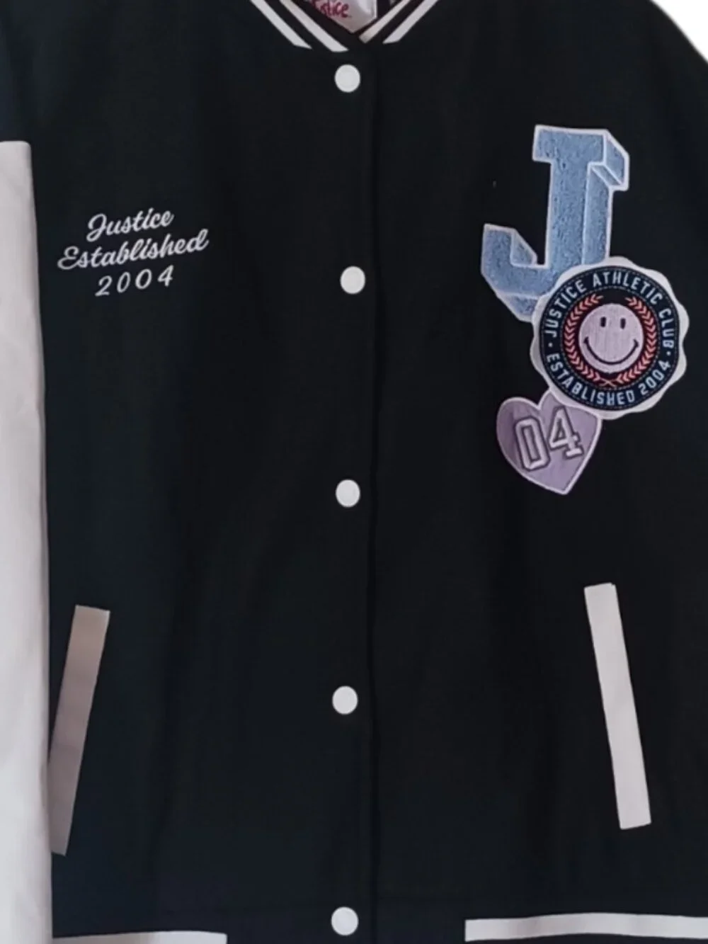 NWT Justice Varsity Bomber Jacket Black White Girls XL Plus 16P/18P